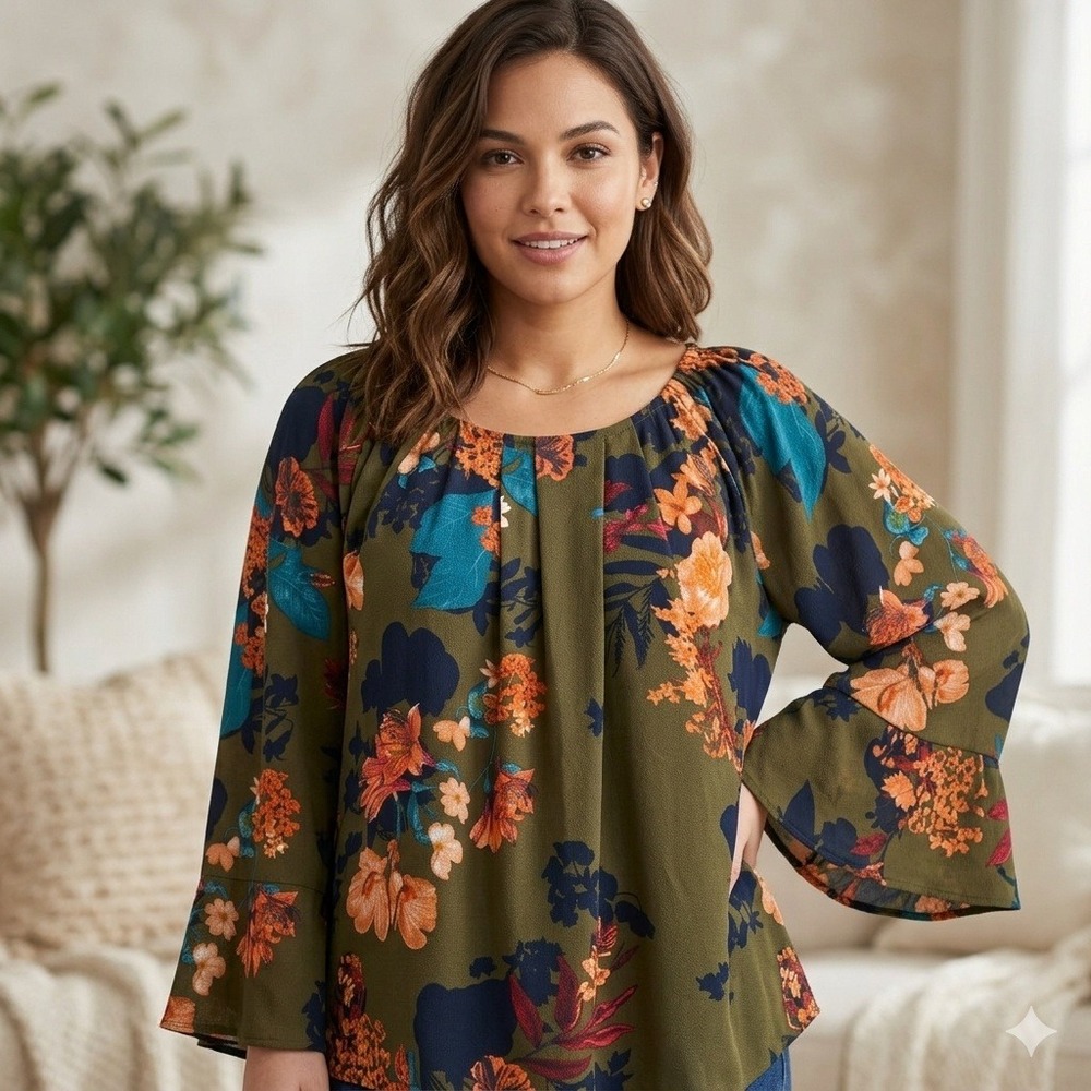 Umgee USA Womens Floral Bell Sleeve Blouse Olive Green Orange Boho Top‎ M